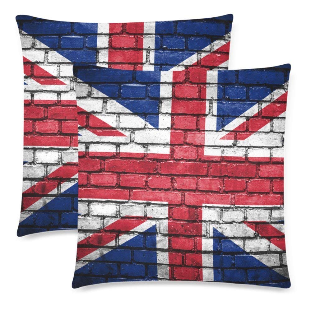 Custom 2 Pack Brick Wall with Painted United Jack Throw Pillow Case Covers 18x18 Twin Sides, Flag of Great Britain Cotton Zippered Cushion Pillowcase Set Decorative