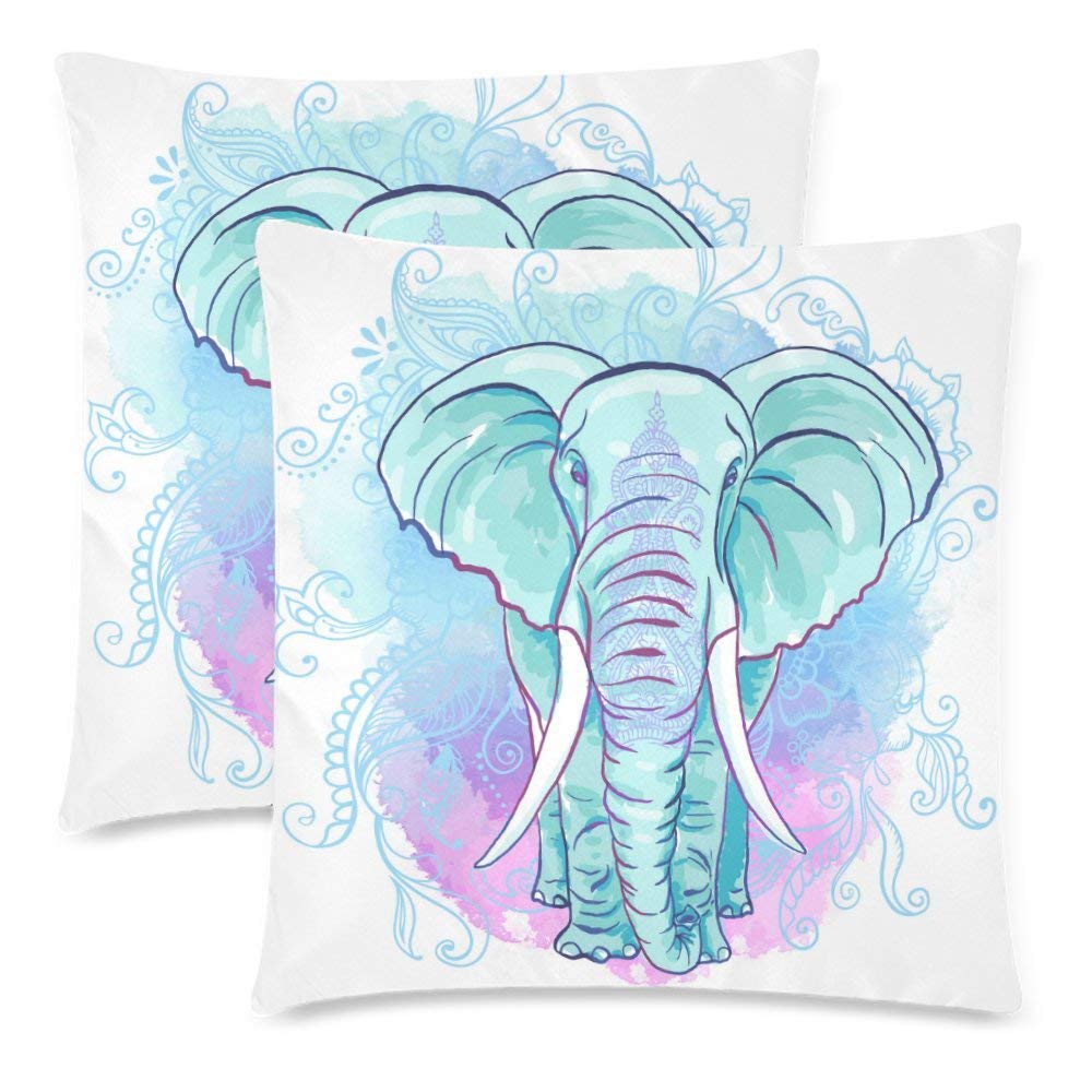 2 Pack Watercolor Indian Elephant Cotton Throw Pillowcase 18x18 Twin Sides, Animal Elephant White Zippered Cushion Pillow Case Cover Set Decorative for Couch Bed