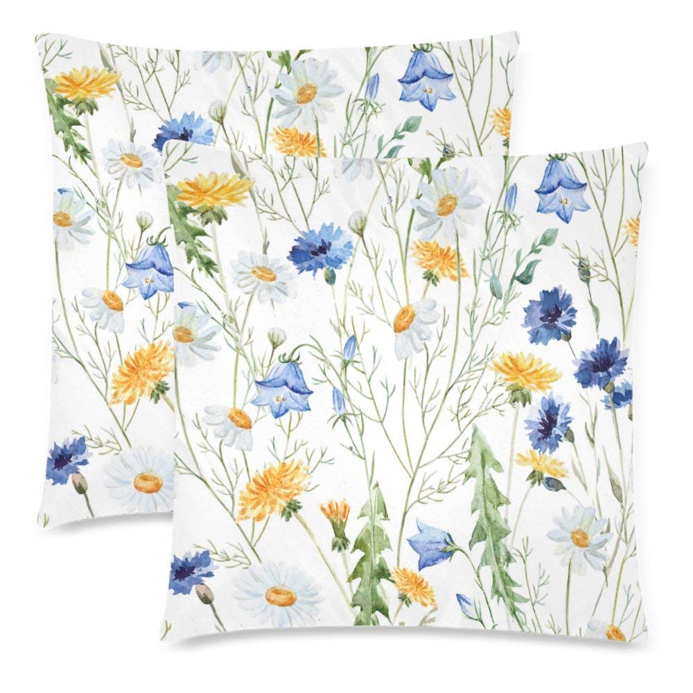 2 Pack Watercolor Dandelions Wild Flower Cushion Pillow Case Cover 18x18 Twin Sides, Colorful Flower Zippered Cotton Throw Pillowcase Set Decorative for Couch Bed