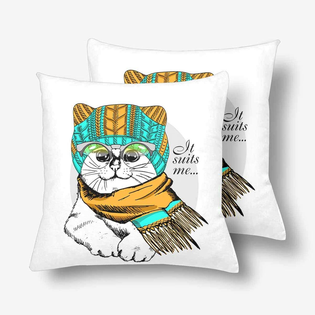 White Cat Knitted Hat Scarf Glasses Pillowcase Throw Pillow Covers 18x18 Set of 2, Pillow Sham Cases Protector for Home Couch Sofa Bedding Decorative