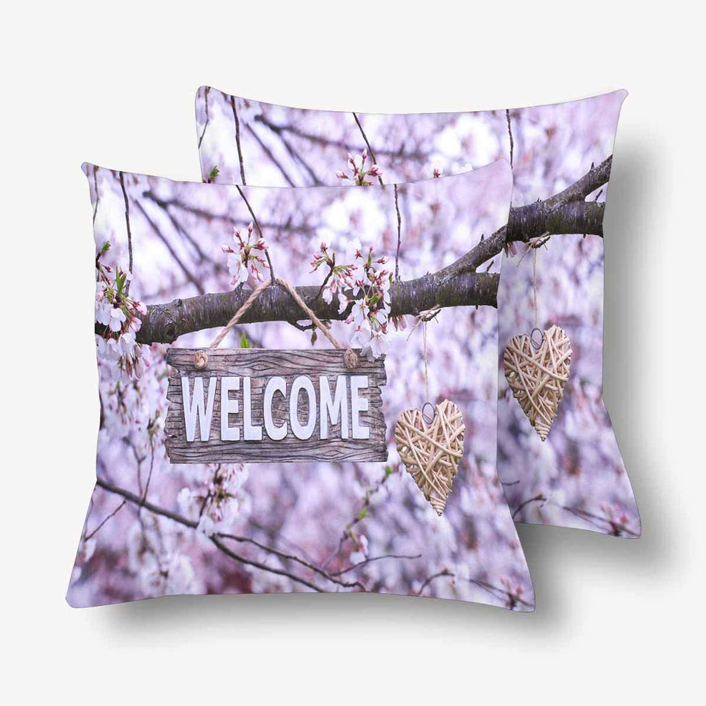 Welcome Sign Tree Branch Spring Flower Mothers Day Throw Pillow Covers 18x18 Set of 2, Pillow Cushion Cases Pillowcase for Home Couch Sofa Bedding Decorative