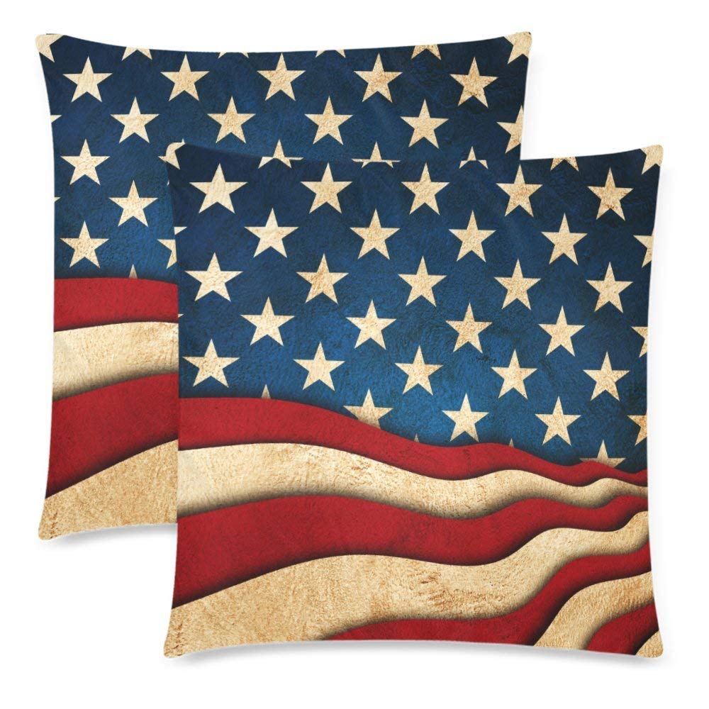 Custom 2 Pack Vintage American Flag Throw Cushion Pillow Case Covers 18x18 Twin Sides, Star Stripe USA Patriotic Cotton Zippered Pillowcase Sets Decorative