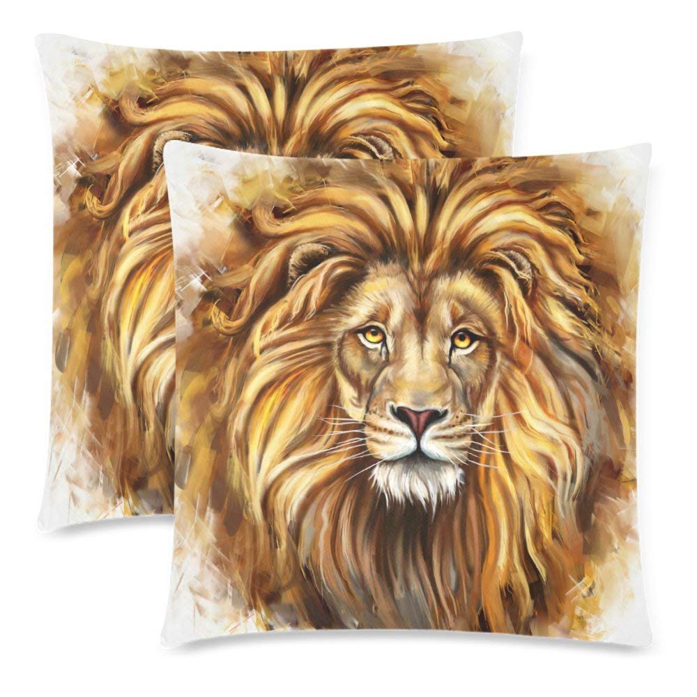 Lion Head Pillow Cushion Case Cover 18x18 Twin Sides, Animal Head Painting Polyester Zippered Throw Pillowcase Protector Decorative, Set of 2