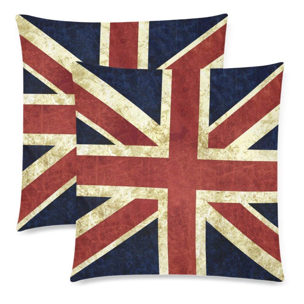2 Pack Vintage Britain Flag Union Jack Cotton Throw Pillowcase 18x18 Twin Sides, Red Blue Flag of England Zippered Cushion Pillow Case Cover Set Decorative for Couch Bed