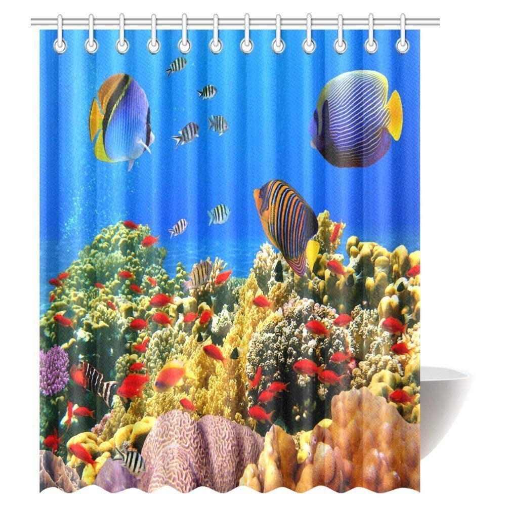 Sea Animals Decor Shower Curtain, Underwater With Coral Reef And Colorful Fish Artistic Home Art Bathroom Decor Set with Hooks