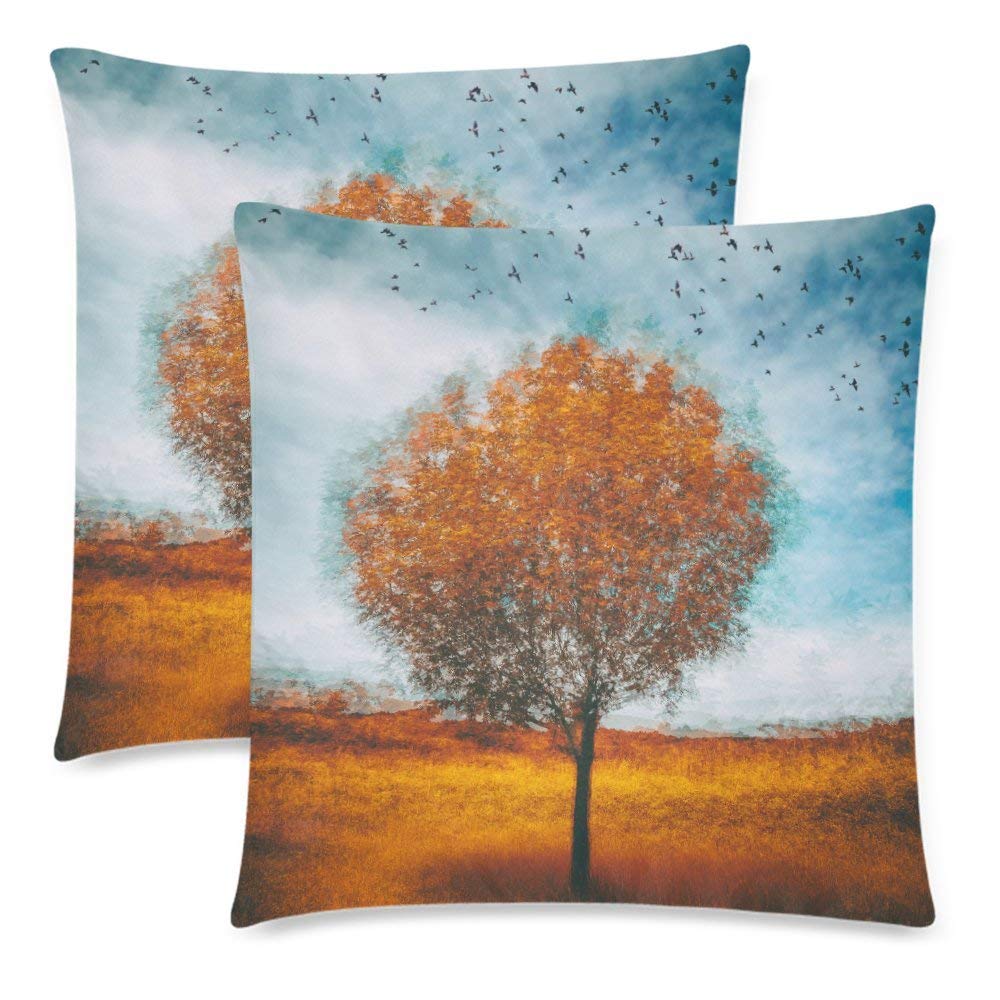 2 Pack Fall Lonely Tree with Flying Bird Throw Cushion Pillow Case Cover 18x18 Twin Sides, Seasonal Autumn Art Zippered Pillowcase Set Shams Decorative