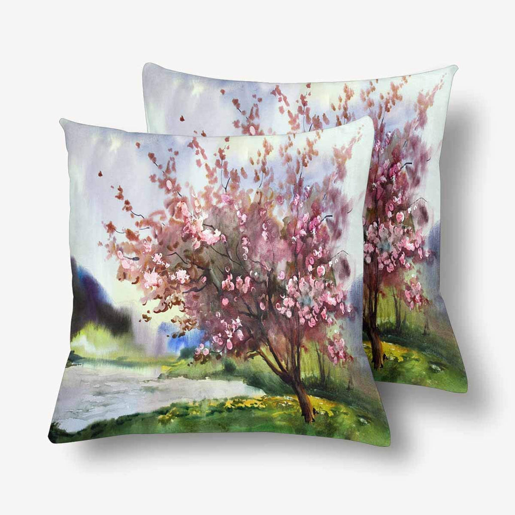Watercolor Painting Landscape Blooming Spring Tree Flower Pillowcase Throw Pillow Covers 18x18 Set of 2, Pillow Sham Cases Protector for Home Couch Sofa Bedding Decorative