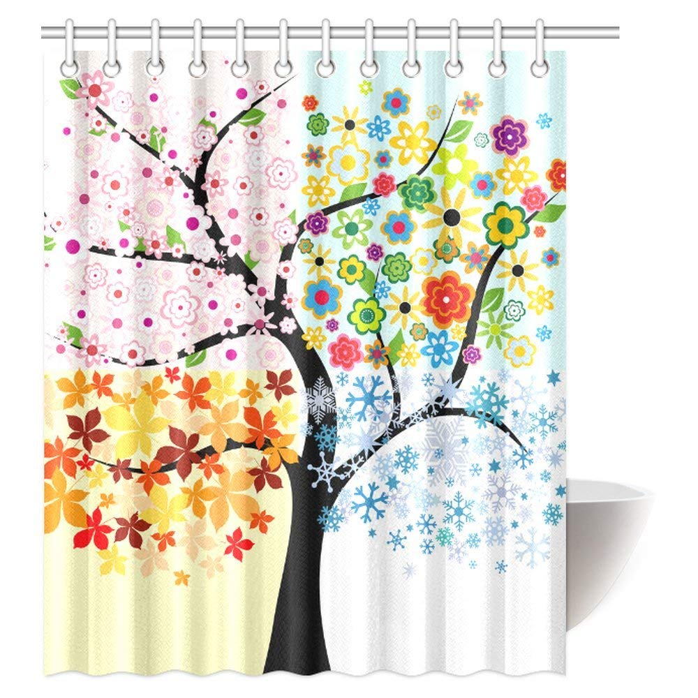 Colorful Tree Four Seasons Decor Shower Curtain, Art Polyester Fabric Berry Green Red Yellow Navy Brown Shower Curtain