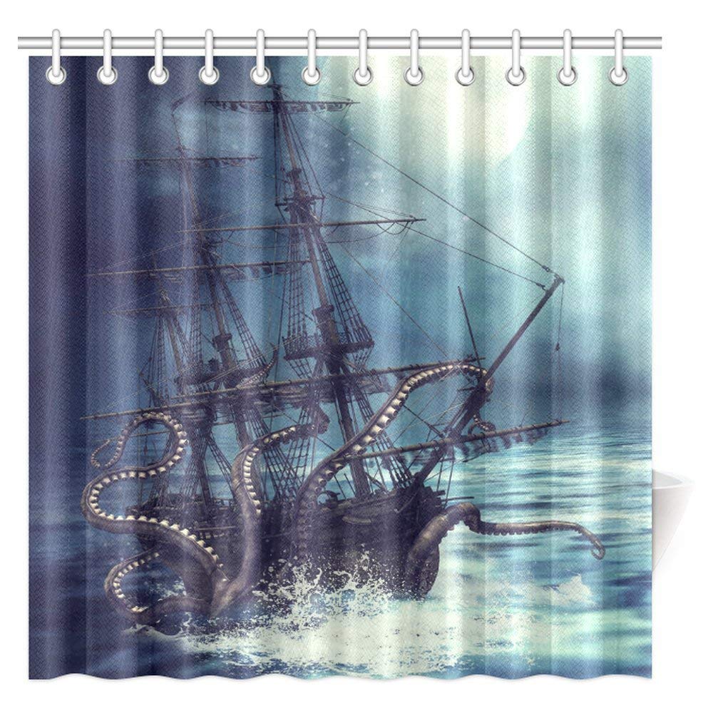 Pirate Ship Octopus Tentacles Home Textile Bathroom Decoration Luxurious Cozy Lovely Decor Pleasing Design Effect Fabric Purple Shower Curtain 72 X 72 Inches with Hooks
