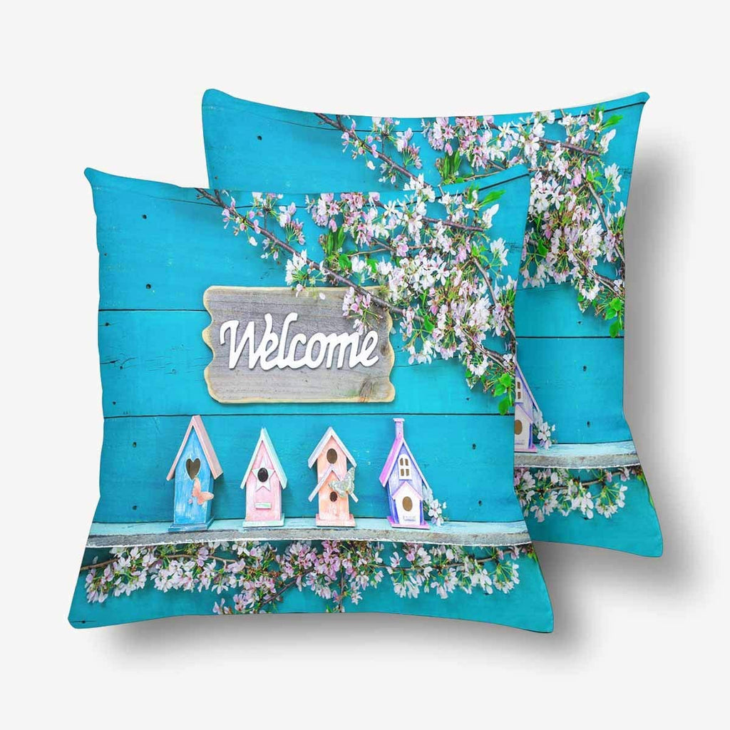 Welcome Sign Birdhouse Butterfly Spring Tree Flower Blue Wood Pillowcase Throw Pillow Covers 18x18 Set of 2, Pillow Sham Cases Protector for Home Couch Sofa Bedding Decorative