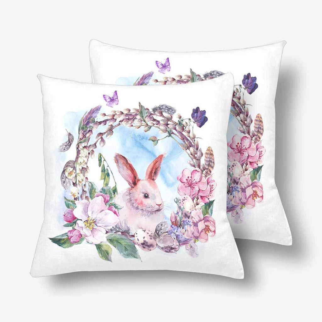 Watercolor Spring Happy Easter Wreath Blooming Branches Throw Pillow Covers 18x18 Set of 2, Pillow Cushion Cases Pillowcase for Home Couch Sofa Bedding Decorative