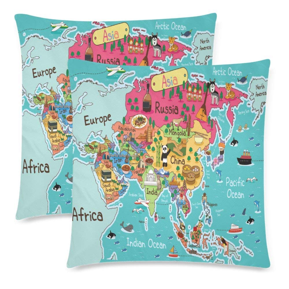 2 Pack Cartoon Asia Map Pillow Case Cover 18x18 Twin Sides, Funny Animal Map Zippered Throw Cushion Pillowcase Protector Set Decorative for Couch Bed