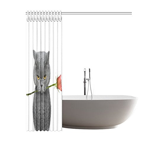 Funny Animal Home Bath Decor, Cat Rose Polyester Fabric Shower Curtain Bathroom Sets
