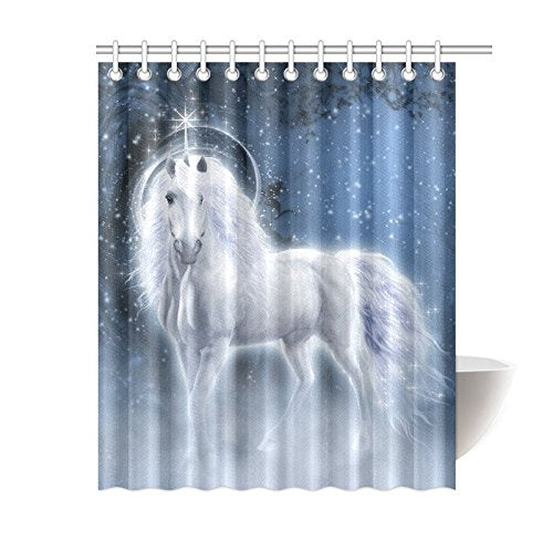 Fantasy Starry Night Home Bath Decor, White Unicorn Polyester Fabric Shower Curtain Bathroom Sets