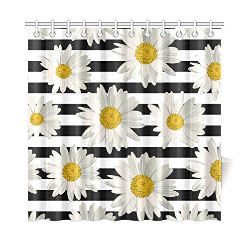 Abstract White Daisy Daisies on Striped Waterproof Shower Curtain Decor, Floral Fabric Bathroom Set with Hooks
