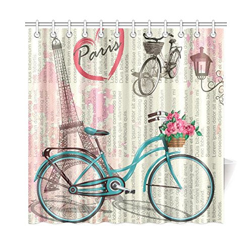 Antique Paris Eiffel Tower Bicycle Flowers In Vintage Newspaper Pattern Decor Waterproof Polyester Bathroom Shower Curtain Bath With Hooks