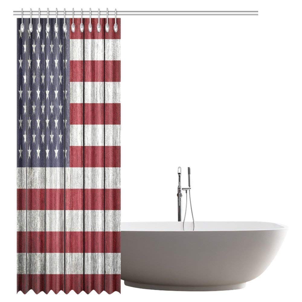 USA Flag Shower Curtain, United States of America Flag on Old Vintage Wood Fabric Bathroom Shower Curtain