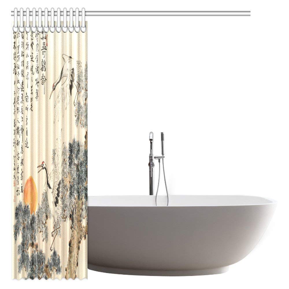 Asian Shower Curtain, Traditional Chinese Painting Pine Trees and Crane Flying Landscape Decor Art Prints Fabric Bathroom Shower Curtain with Hooks