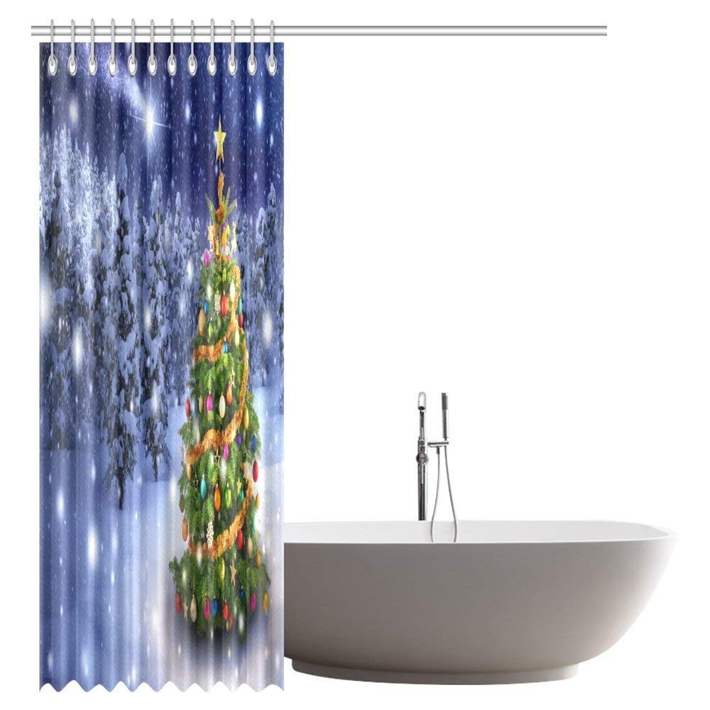 Merry Christmas Themed Shower Curtain Home Decor, Colorful Christmas Tree Outdoor in a Snowy Night with a Shooting Star in The Sky Bathroom Set with Hooks