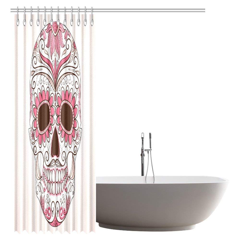 Skulls Decorations Shower Curtain, Girly Colors Skull with Floral Ornamental Design Fabric Bathroom Set with Hooks