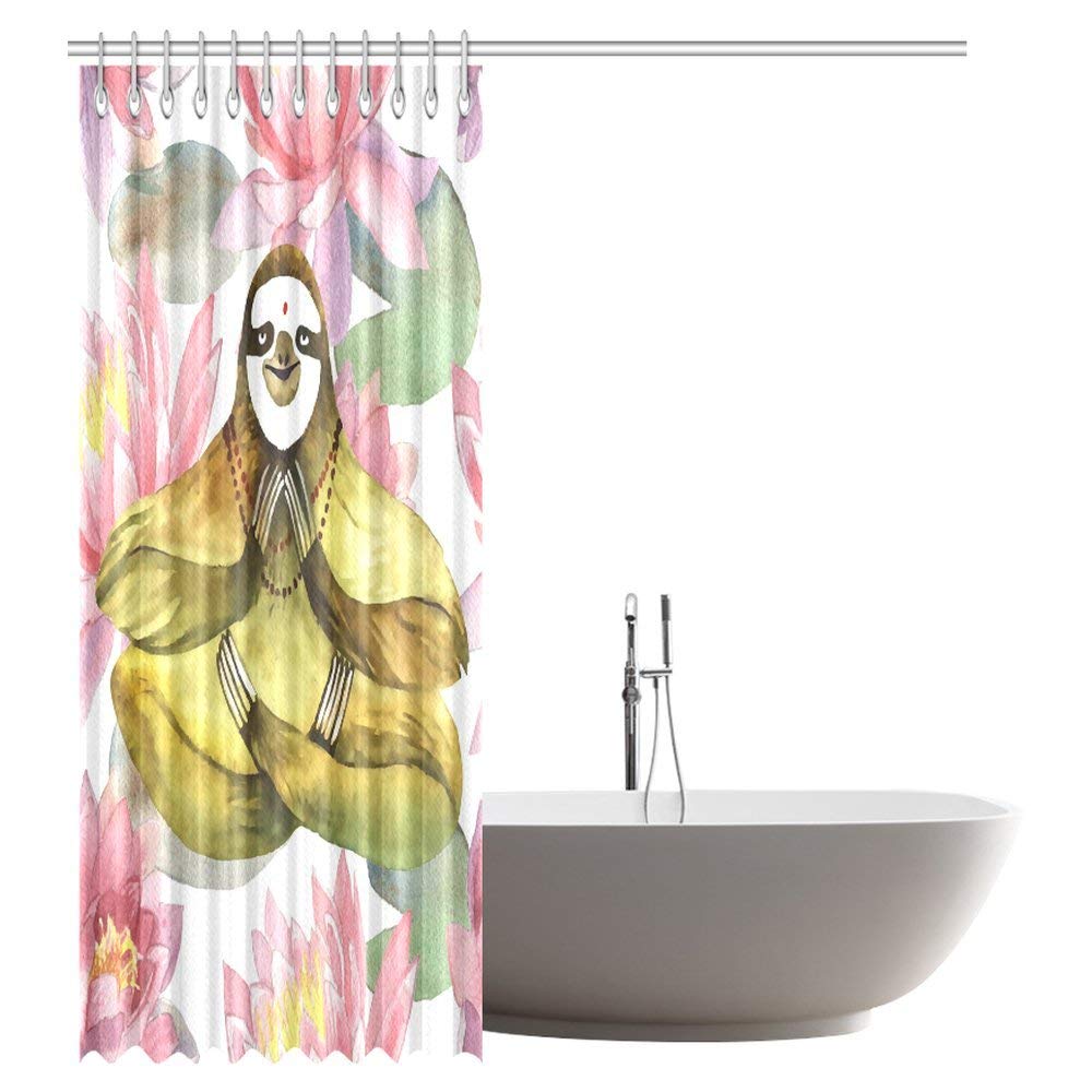 Funny Animal Sloth Shower Curtain, Sloth Yoga Hand Lotus Flowers Fabric Bathroom Shower Curtain