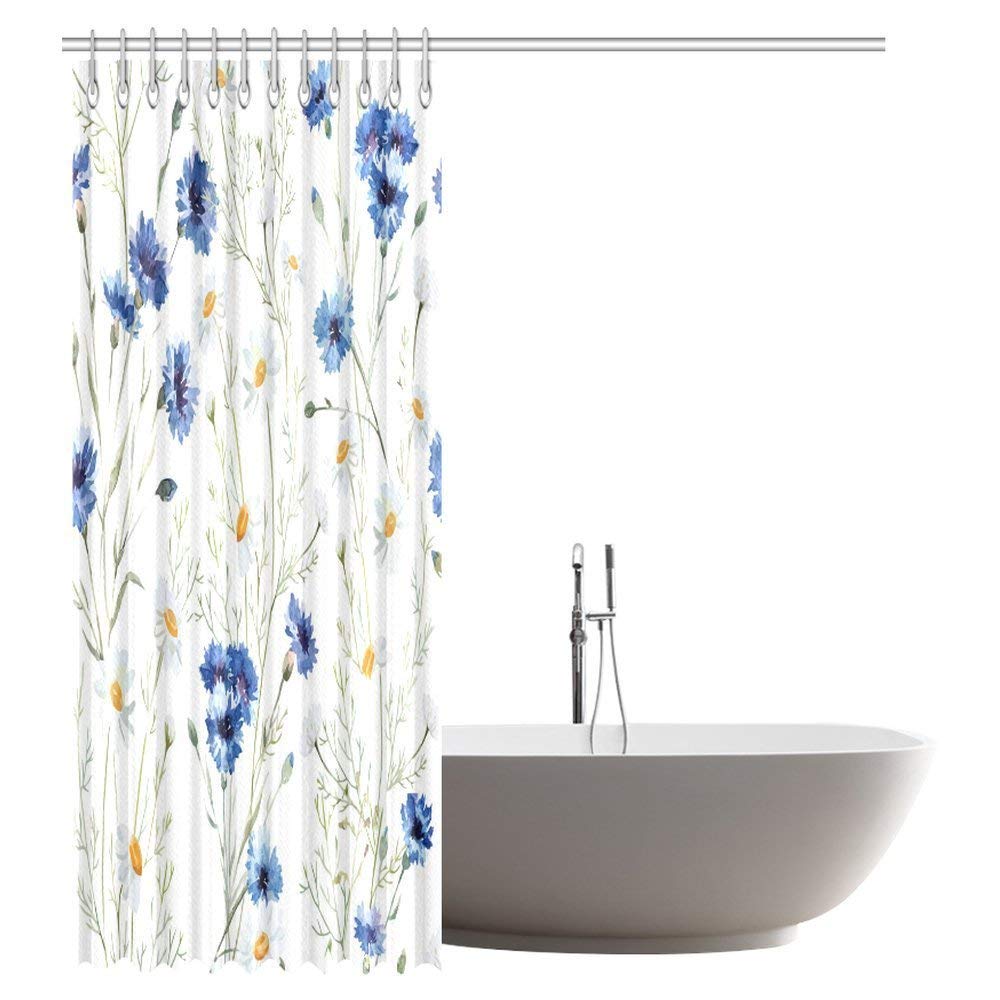 Watercolor Flower Decor Shower Curtain, Wildflowers Cornflowers Daisies Blooms and Buds Fabric Bathroom Shower Curtain Set with Hooks