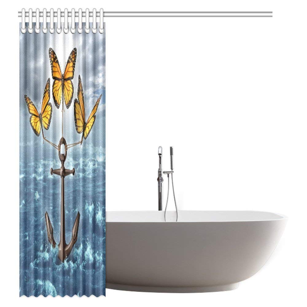 Anchor Decor Collection, Three Monarch Butterflies Raising a Heavy Anchor From a Stormy Ocean Fabric Bathroom Shower Curtain with Hooks