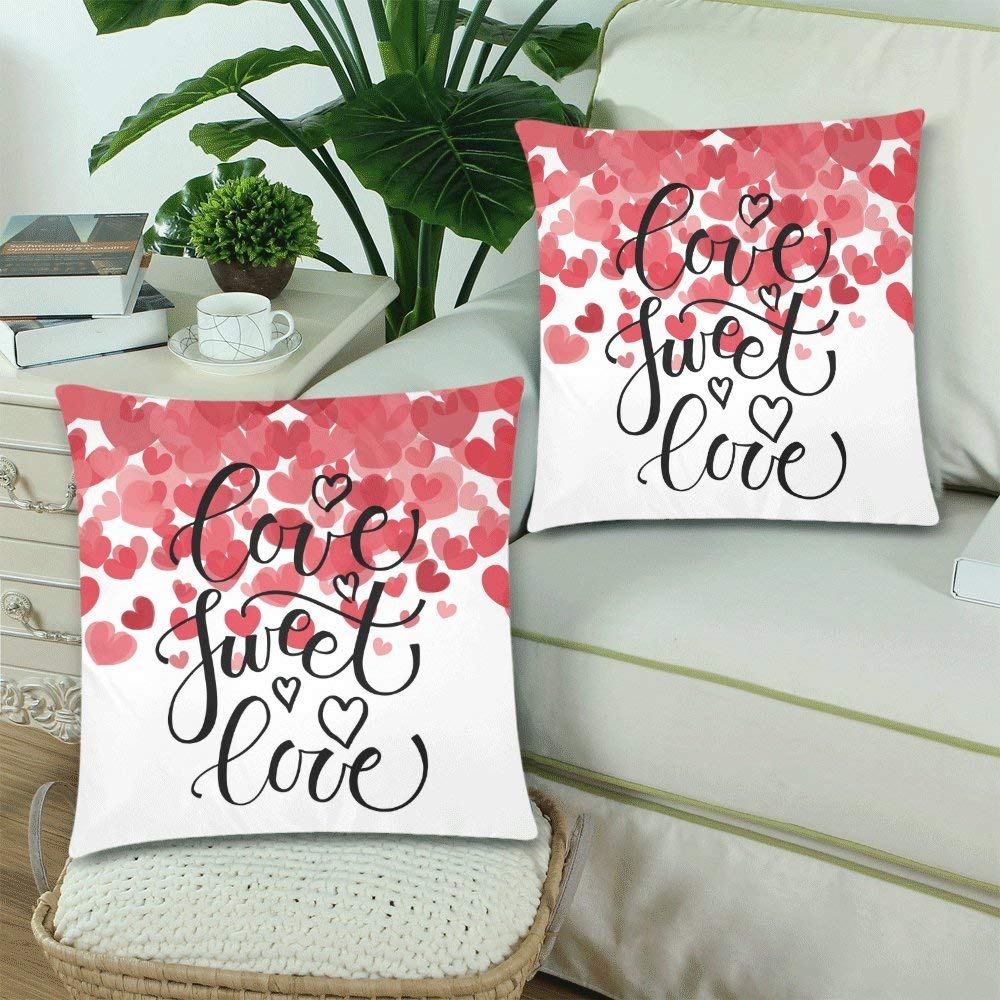 Hand Sketched Sweet Love with Hearts Pillow Cushion Case Cover 18x18 Twin Sides, Romantic Valentines Gift Polyester Zippered Throw Pillowcase Protector Decorative, Set of 2