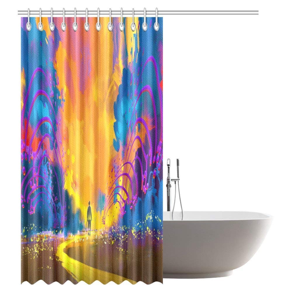 Abstract Home Shower Curtain, Man Walking to Abstract Colorful Landscape Fabric Bathroom Shower Curtain