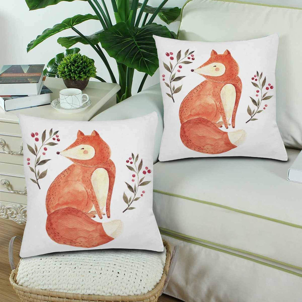 Watercolor Fox Floral Artwork White Throw Pillow Covers 18x18 Set of 2, Pillow Cushion Cases Pillowcase for Home Couch Sofa Bedding Decorative