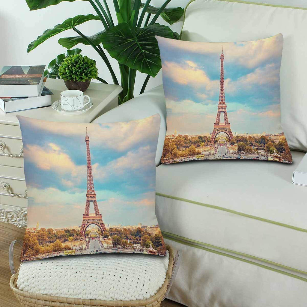 Eiffel Tower Summer Sunny Evening Paris Throw Pillow Covers 18x18 Set of 2, Pillow Cushion Cases Pillowcase for Home Couch Sofa Bedding Decorative
