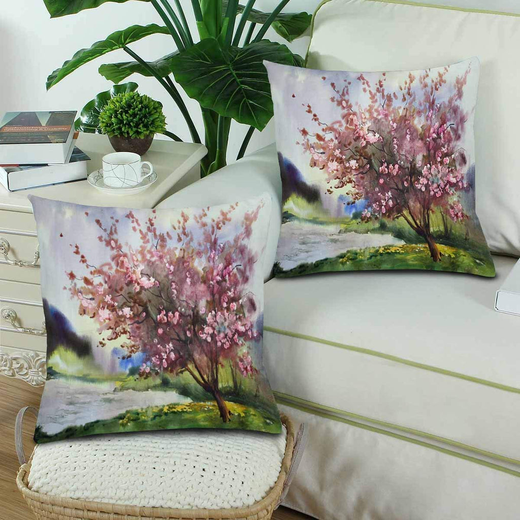 Watercolor Painting Landscape Blooming Spring Tree Flower Pillowcase Throw Pillow Covers 18x18 Set of 2, Pillow Sham Cases Protector for Home Couch Sofa Bedding Decorative