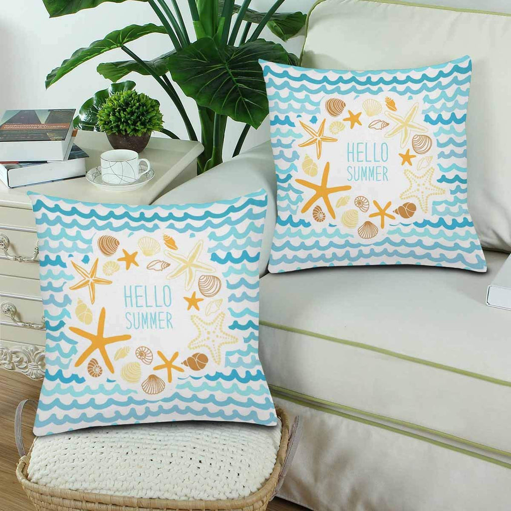 Cute Vintage Shells Starfish Hello Summer Throw Pillow Covers 18x18 Set of 2, Pillow Cushion Cases Pillowcase for Home Couch Sofa Bedding Decorative