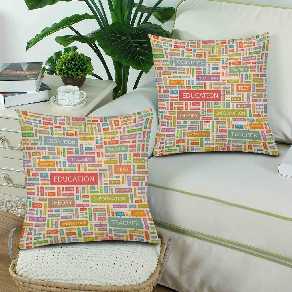 Education Word Collage Throw Pillow Covers 18x18 Set of 2, Pillow Cushion Cases Pillowcase for Home Couch Sofa Bedding Decorative