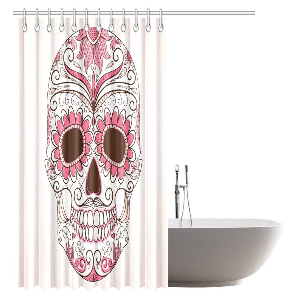 Skulls Decorations Shower Curtain, Girly Colors Skull with Floral Ornamental Design Fabric Bathroom Set with Hooks