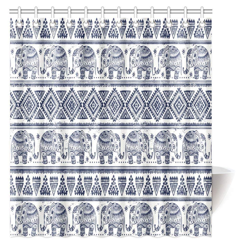 Elephants Decor Shower Curtain, Pattern in Ethnic Style Elephant and Tradition Eastern Vintage Oriental Curve Festive Image Bathroom Shower Curtain